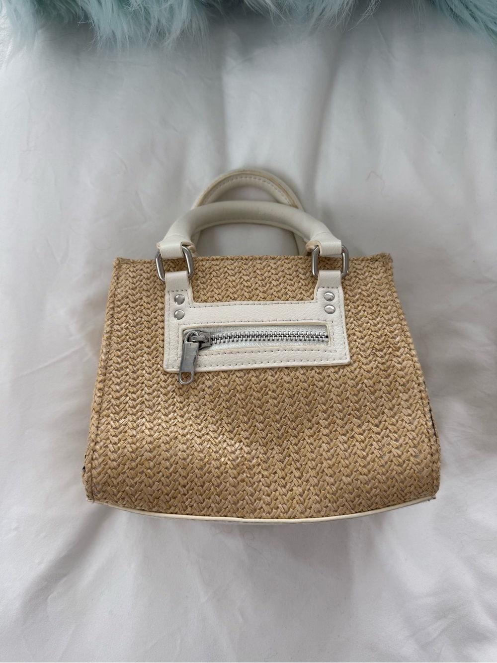 Woven Straw Mini Tote with White Trim